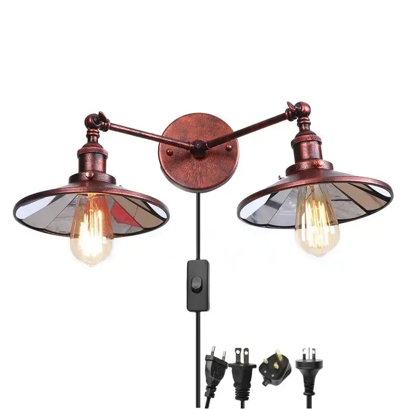Rust-colored industrial vintage double copper wall light with stained glass shades and exposed filament bulbs for bedroom reading decorbites industrial vintage wall light