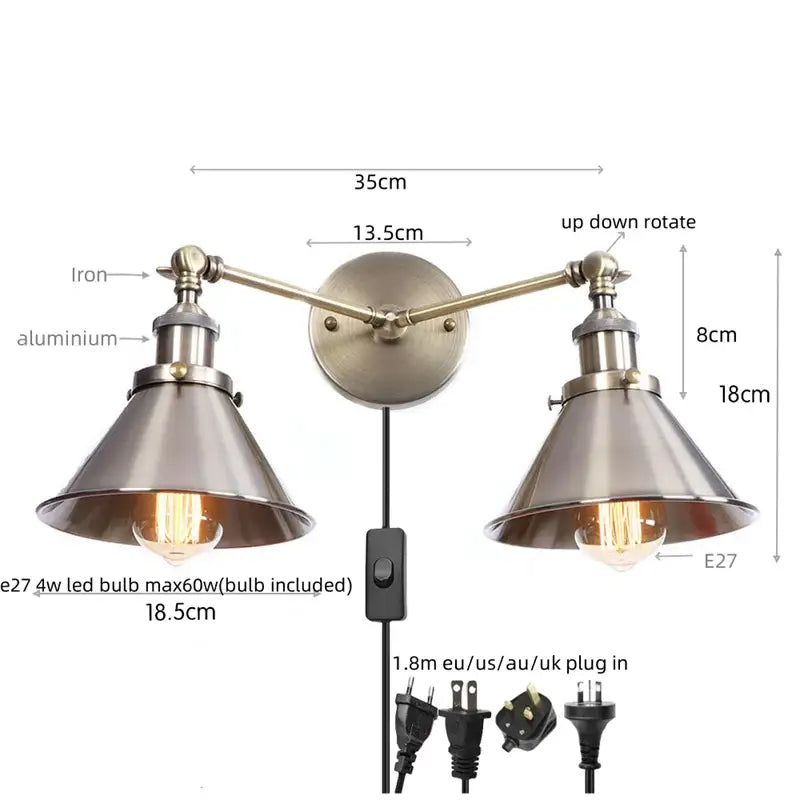 Industrial vintage double wall light with brushed brass finish and conical metal shades for decorbites bedroom reading sconce