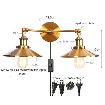 Brass-finished industrial vintage double wall light with adjustable arms and e27 led bulbs for bedroom reading decorbites industrial vintage