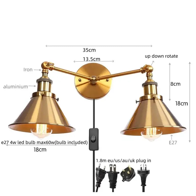 Brass-finished double-arm wall light with adjustable conical shades for decorbites industrial vintage bedroom decor