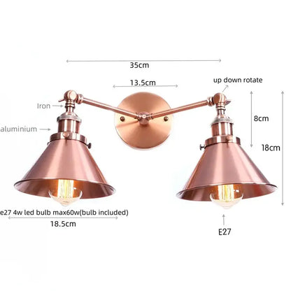 Copper-toned industrial vintage led wall light with adjustable double arms and conical shades by decorbites industrial vintage
