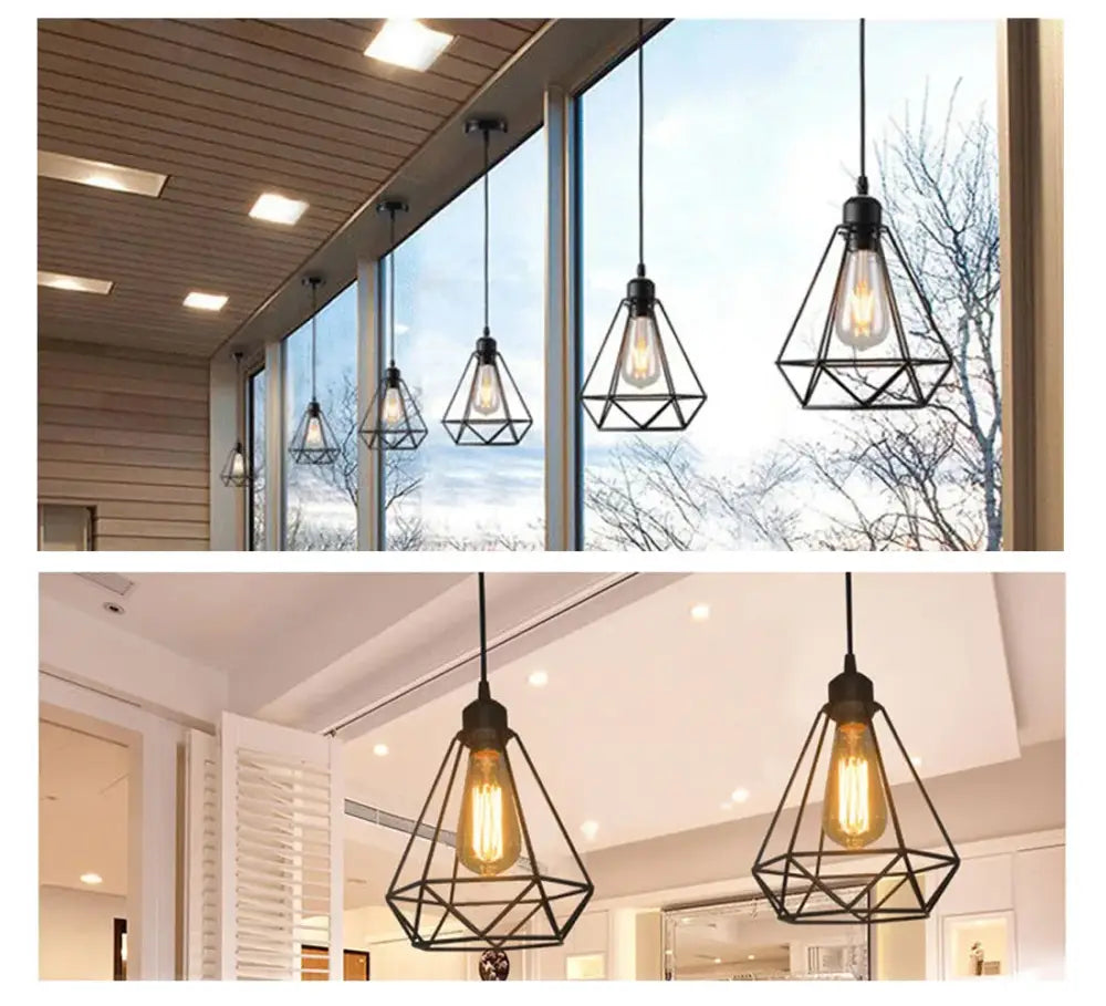 Black geometric wireframe pendant light with exposed edison bulbs for decorbites industrial vintage iron cage decor