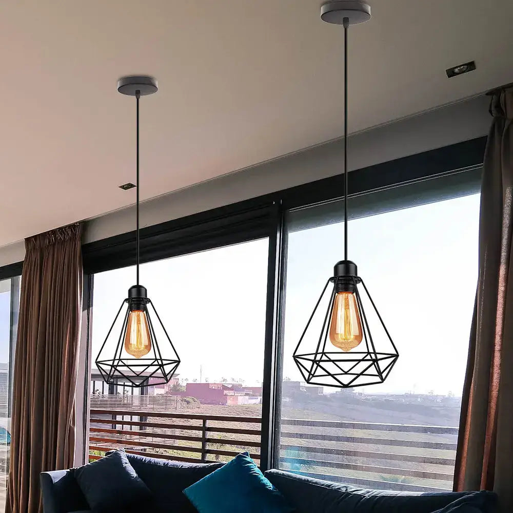 Black geometric pendant light with exposed filament bulbs industrial vintage iron cage decorbites industrial vintage
