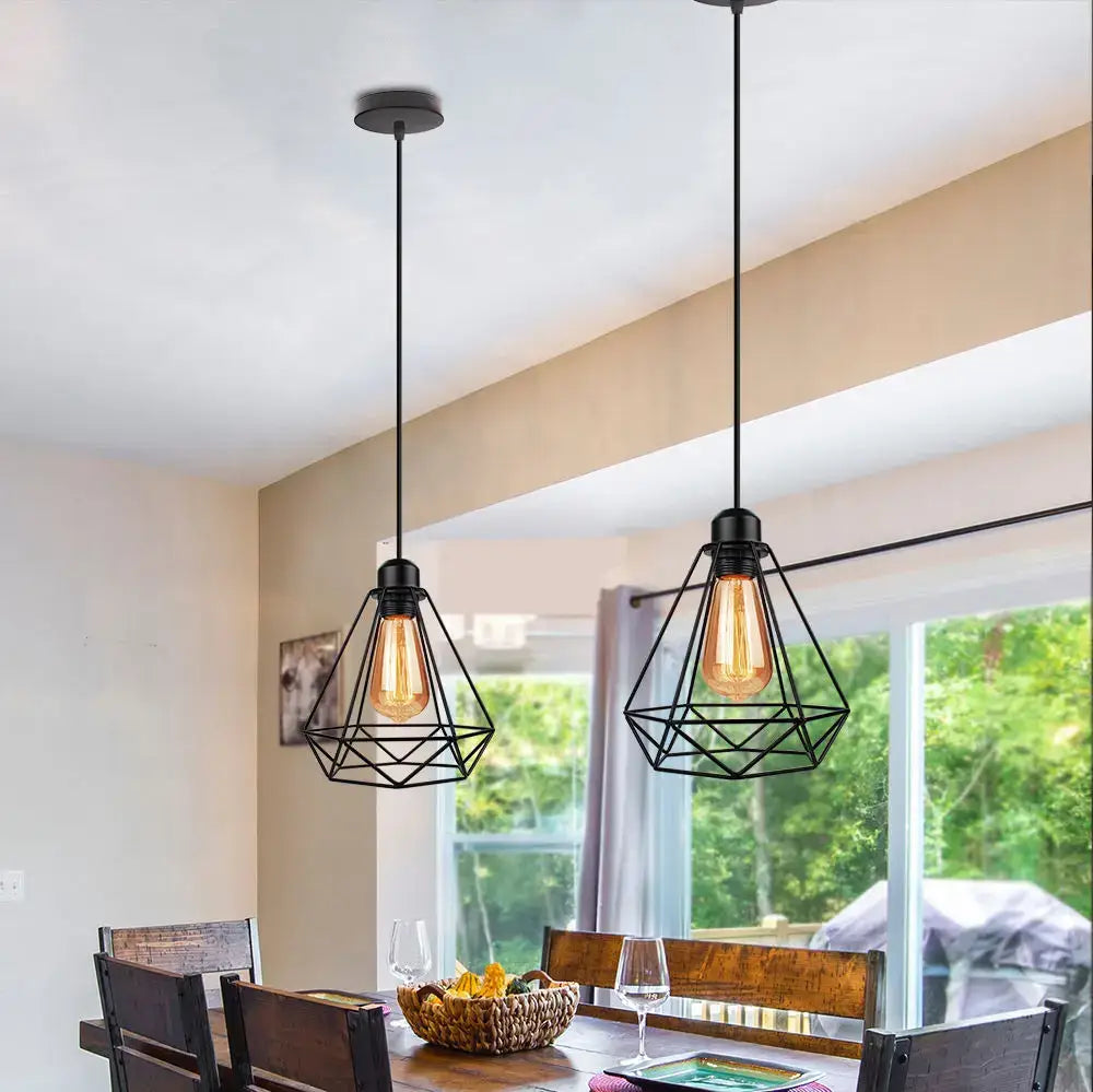 Black industrial vintage iron pendant light with geometric cage design and exposed filament bulbs for kitchen decorbites industrial vintage decor