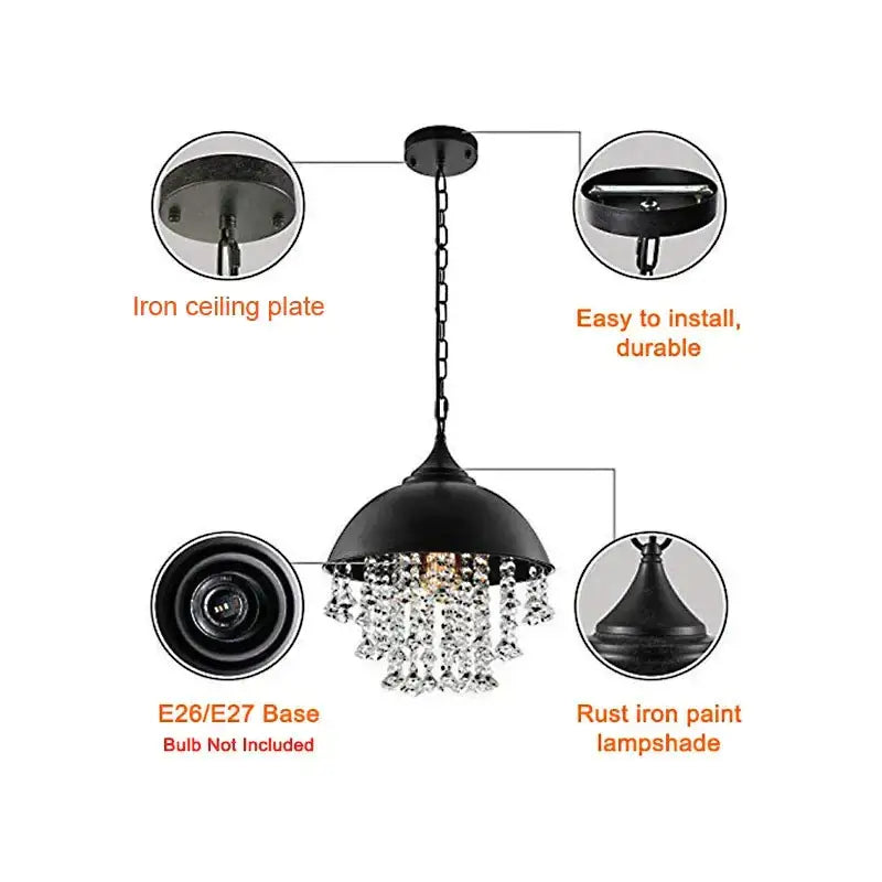 Black iron pendant light with dome-shaped lampshade and crystal beads from decorbites industrial vintage iron collection