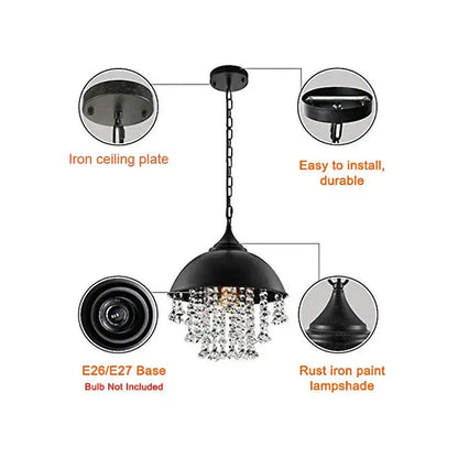 Black iron pendant light with dome-shaped lampshade and crystal beads from decorbites industrial vintage iron collection