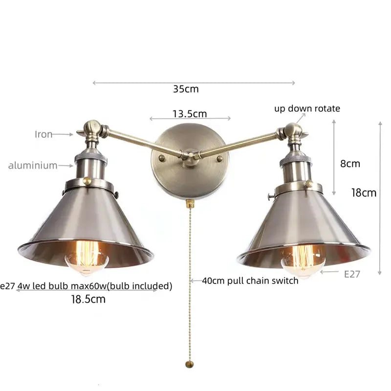Industrial vintage led brass double arm wall light with brushed brass finish and conical metal shades for bedroom decorbites industrial vintage style