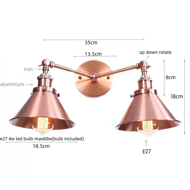 Copper-toned brass industrial vintage LED double arm wall light with adjustable conical shades for bedroom decorbites industrial vintage use