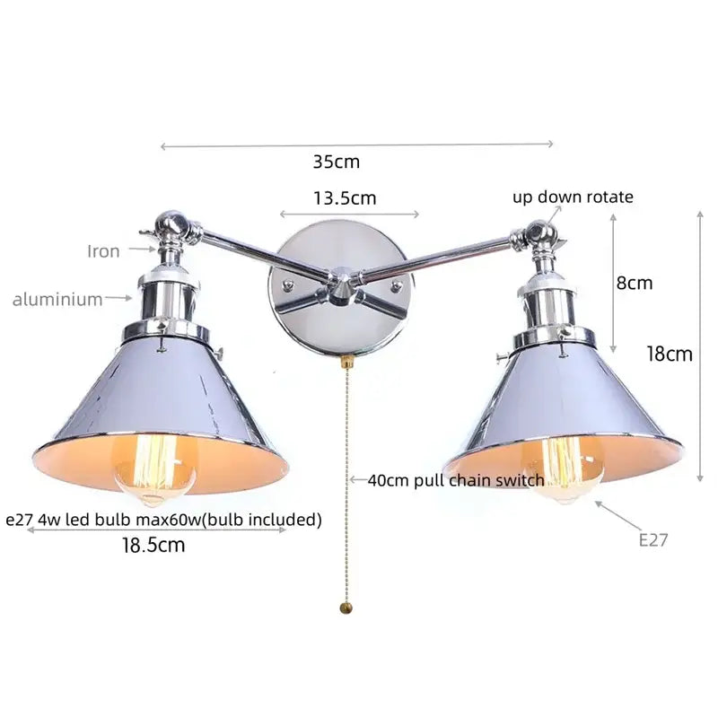 Chrome-finished industrial vintage led brass double arm wall light with two conical shades and edison bulbs for decorbites decor