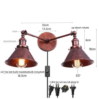 Industrial vintage led brass double arm wall light with copper finish and adjustable arms for bedroom decorbites wall light