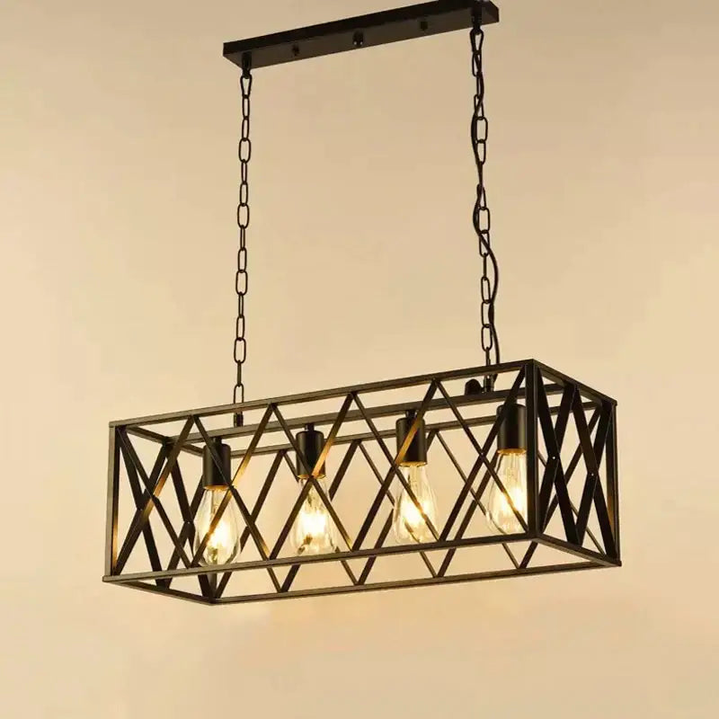 Industrial vintage loft black metal pendant lamp with rectangular frame and exposed edison bulbs by decorbites