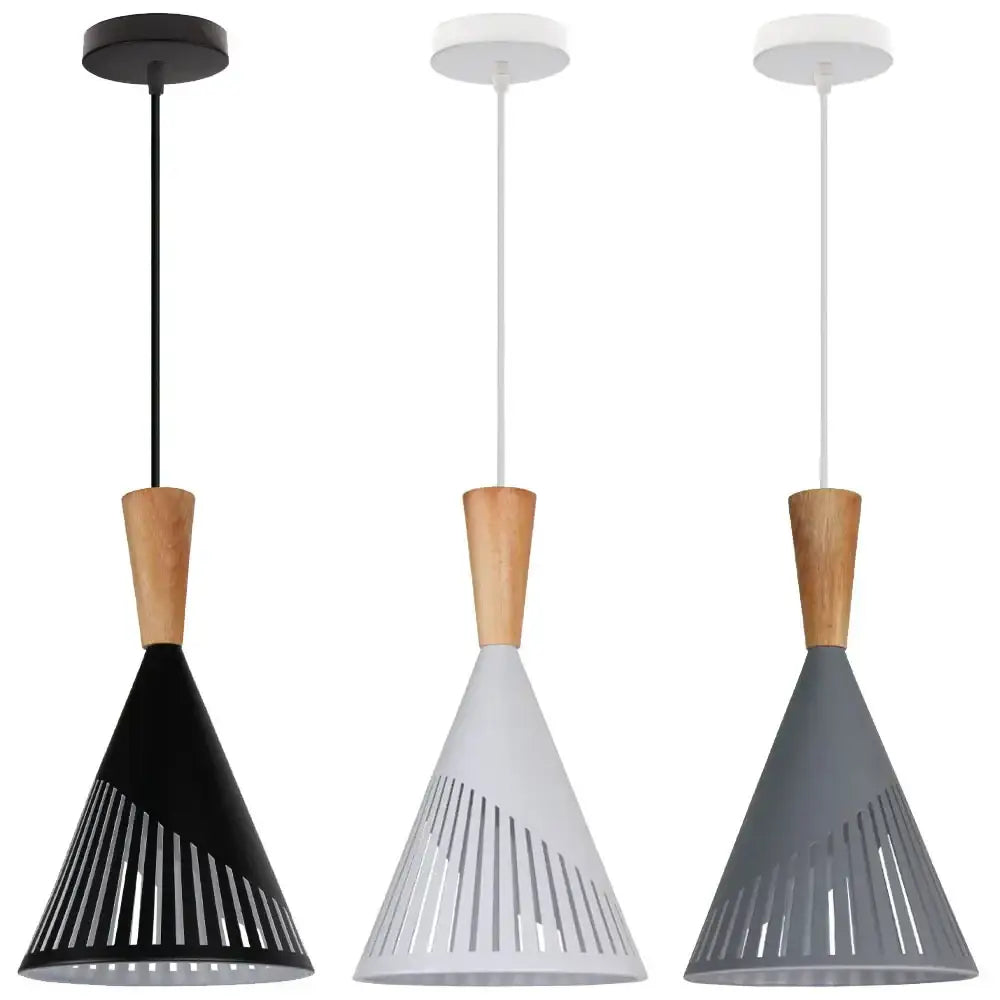 Three black industrial vintage pendant lights with wooden accents and slatted conical shades for kitchen decorbites pendant light