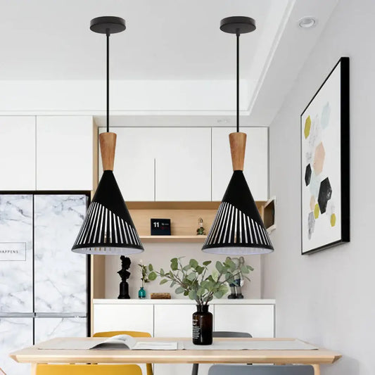 Black conical pendant light with wooden accents and vertical slats decorbites industrial vintage pendant kitchen lamp