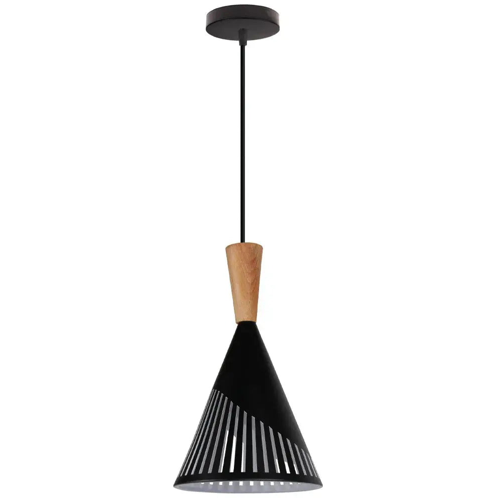Black conical pendant light with wooden accent and vertical slats from decorbites industrial vintage pendant collection