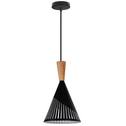 Black conical pendant light with wooden accent and vertical slats from decorbites industrial vintage pendant collection