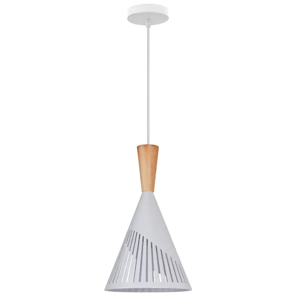 White conical industrial vintage pendant light with black wood slatted design and wooden accent for kitchen decorbites decor