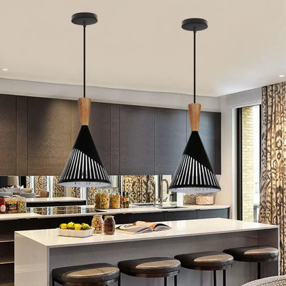 Black conical pendant light with wooden slats and decorbites industrial vintage design for kitchen lighting