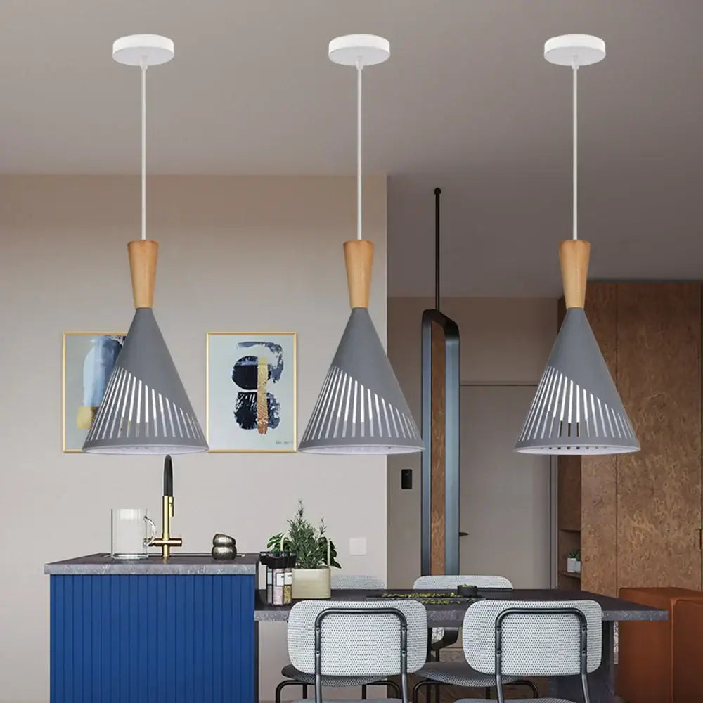 Three gray conical pendant lights with wood accents and vertical slats for decorbites industrial vintage pendant decor