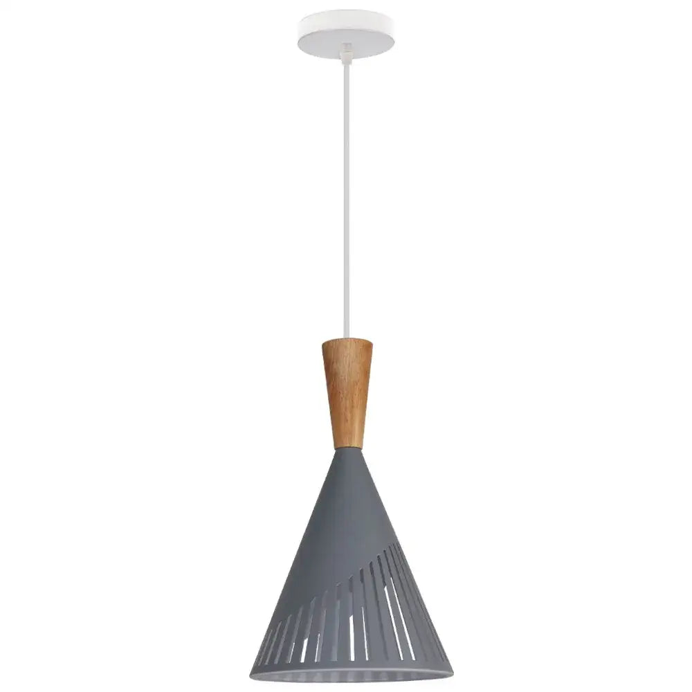 Modern gray conical pendant light with wooden accent and vertical slits from decorbites industrial vintage pendant series