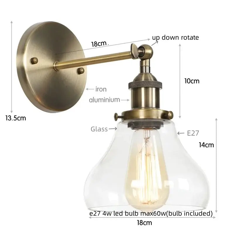 Antique brass-finished wall lamp with clear glass shade and e27 led bulb in decorbites industrial vintage silver style