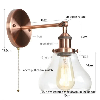 Copper-finished industrial vintage silver glass wall lamp with clear shade and e27 led bulb for bedroom decorbites style
