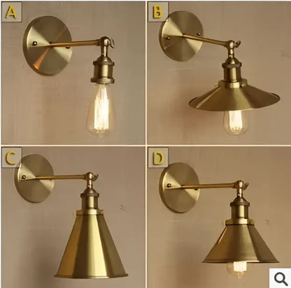 Brass industrial vintage wall lamp with conical shade and exposed filament bulb for bedroom decorbites industrial vintage wall