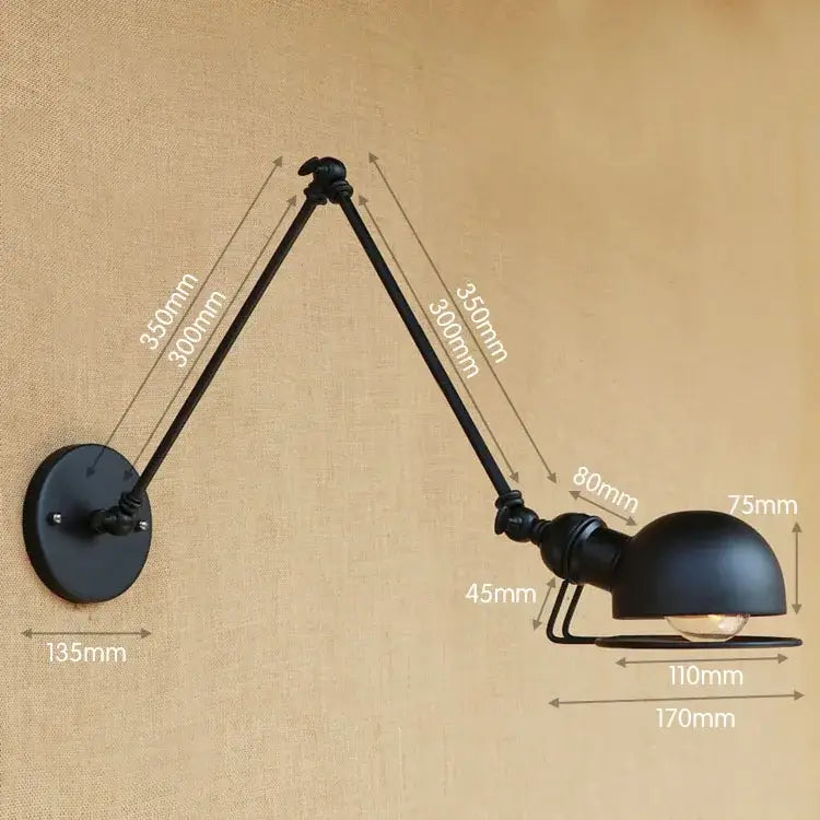 Black matte industrial vintage wall sconce with adjustable articulated arms and dome lampshade for bedroom decorbites wall