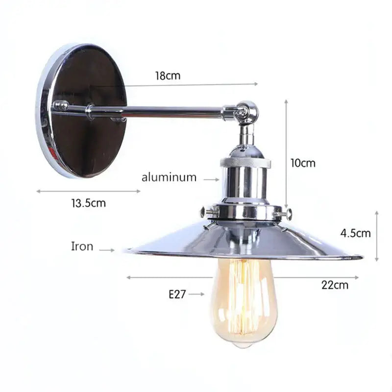 Industrial vintage wall sconce decorbites with polished chrome finish aluminum arm iron base and conical shade over edison bulb
