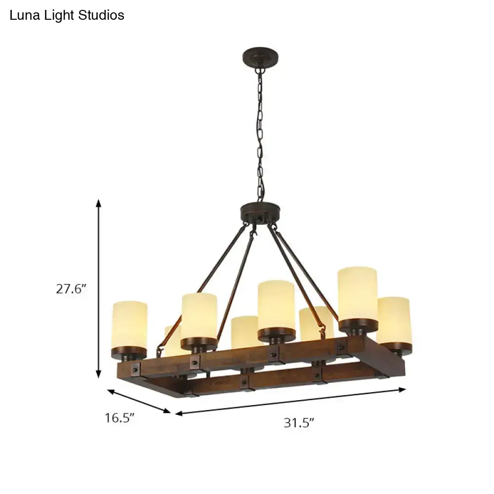 Dark bronze industrial vintage chandelier with rustic wooden frame and eight white glass shades for living room island lamp