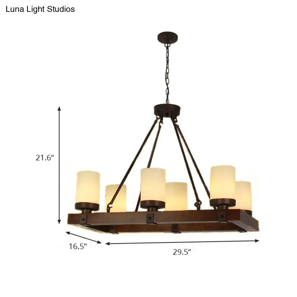 Dark bronze rustic chandelier with six warm-toned white glass shades for living room island lamp lighting