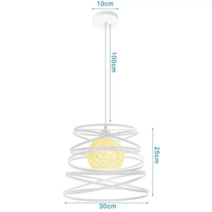 White spiral pendant light with glowing yellow woven globe in metal frame for decorbites industrial vintage loft decor