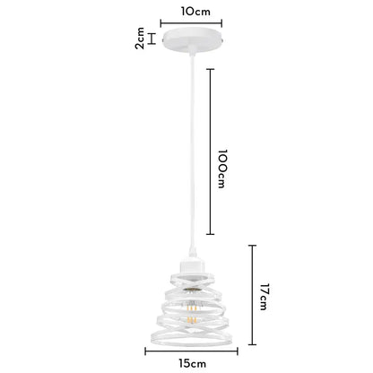White spiral pendant light with wrought cage design and clear glass accents for decorbites industrial vintage decor