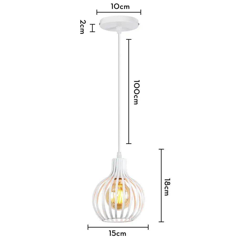 White metal pendant light with wrought cage design and exposed bulb for industrial vintage decorbites living room use