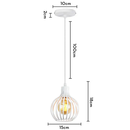 White metal pendant light with wrought cage design and exposed bulb for industrial vintage decorbites living room use
