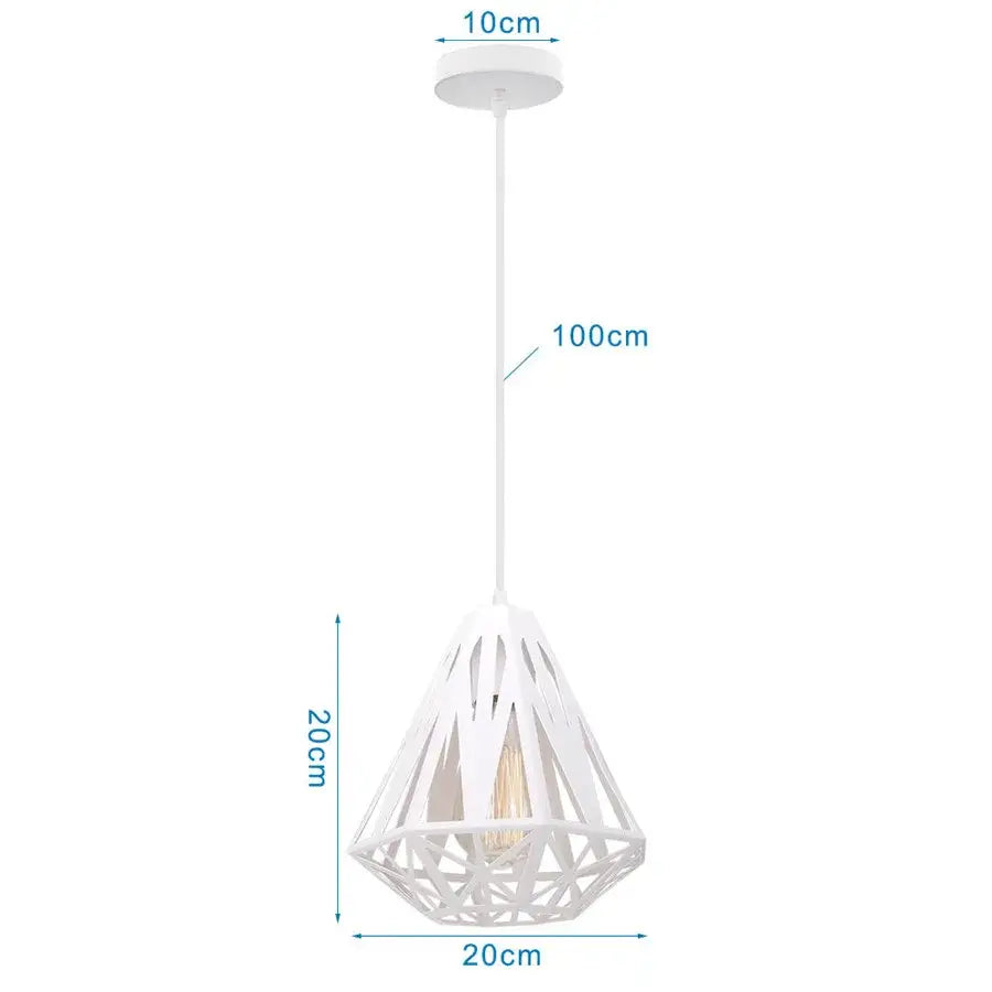 White wrought cage pendant light with diamond lattice design and exposed bulb for industrial vintage decorbites living room
