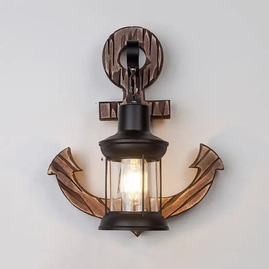 Industrial vintage wood wall lamp with rustic bronze anchor and black metal lantern for bedroom decorbites industrial vintage style