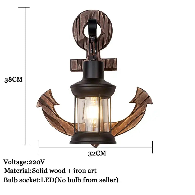 Industrial vintage wood wall lamp bronze anchor lantern with solid wood iron art and clear glass enclosure decorbites wall lamp