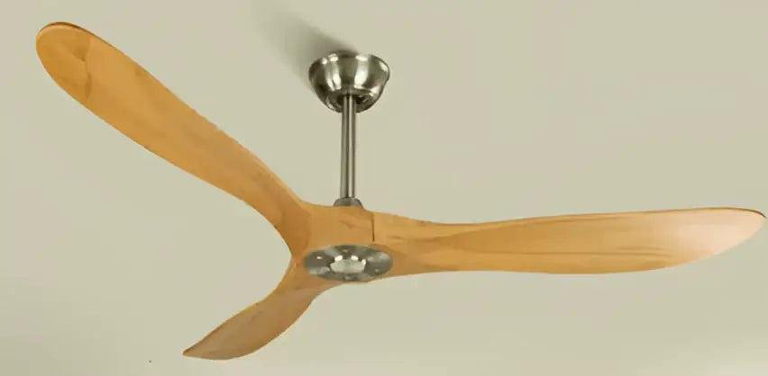 A sleek decorbites industrial vintage wooden ceiling fan with three light brown blades and brushed nickel hub for living room decor