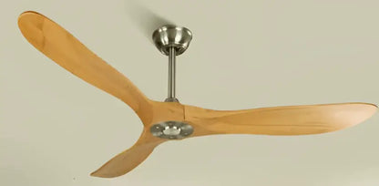 A sleek decorbites industrial vintage wooden ceiling fan with three light brown blades and brushed nickel hub for living room decor