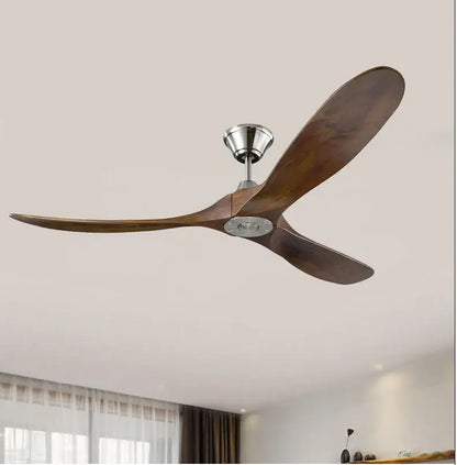 Modern industrial vintage wooden ceiling fan with three dark brown blades and brushed nickel decorbites finish for living room decor