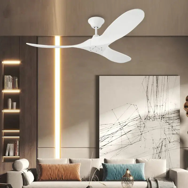 White three-blade ceiling fan with sleek modern design for decorbites industrial vintage wooden living room decor