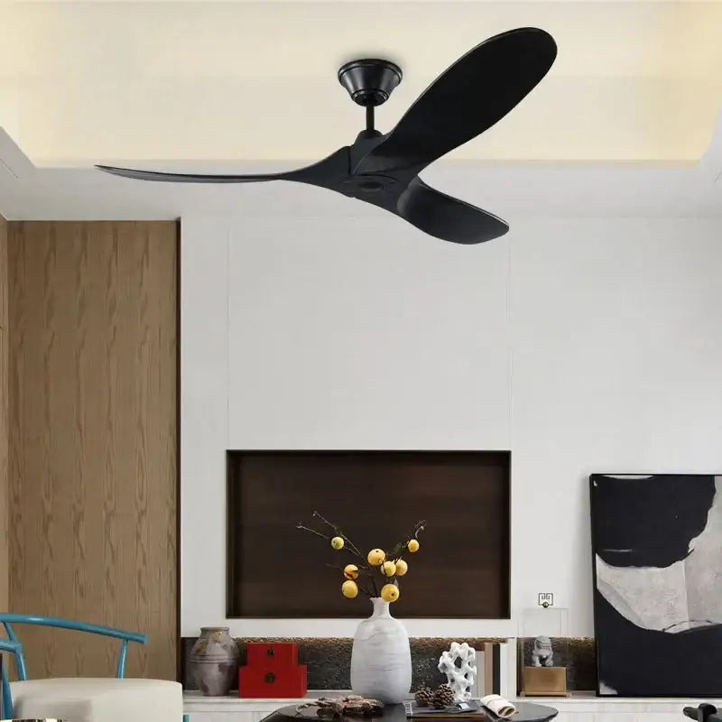 Black three-blade ceiling fan with sleek modern design and brushed nickel accents for decorbites industrial vintage wooden decor