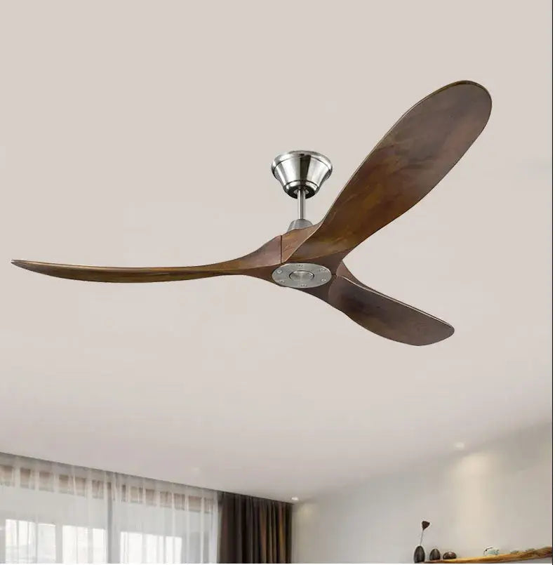 Modern industrial vintage wooden ceiling fan with three dark brown blades and brushed nickel decorbites industrial vintage finish