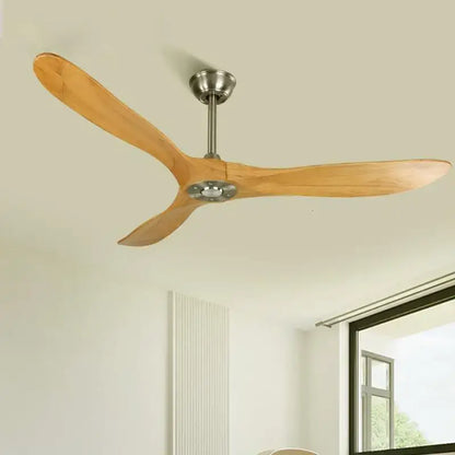 Modern industrial vintage wooden ceiling fan with three light-colored wooden blades and brushed nickel hub for living room decorbites