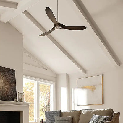 Dark bronze three-blade ceiling fan with central light and industrial vintage wooden design for decorbites living room