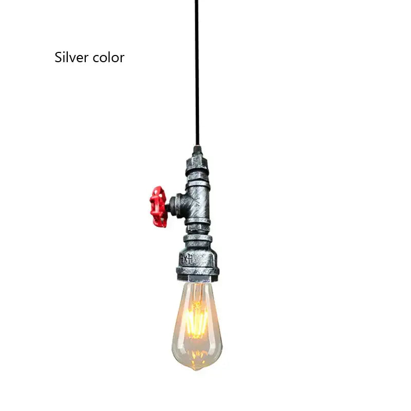 Industrial water pipe chandelier featuring a silver pipe pendant with red valve handle and exposed filament bulb for kitchen decorbites industrial water lighting