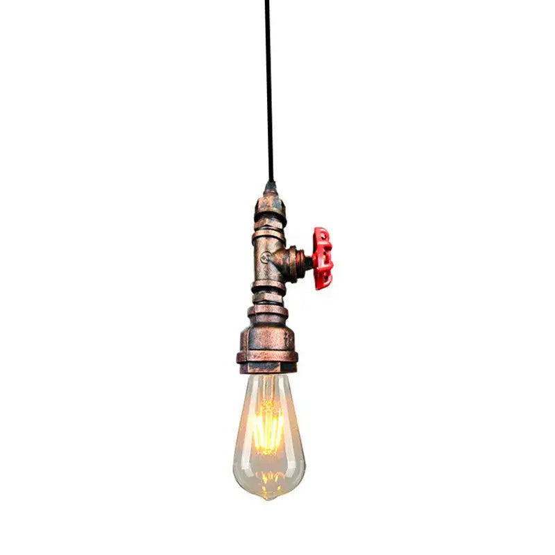 Industrial water pipe chandelier with copper-finished pipe and valve design featuring a glowing edison bulb for kitchen decorbites industrial water