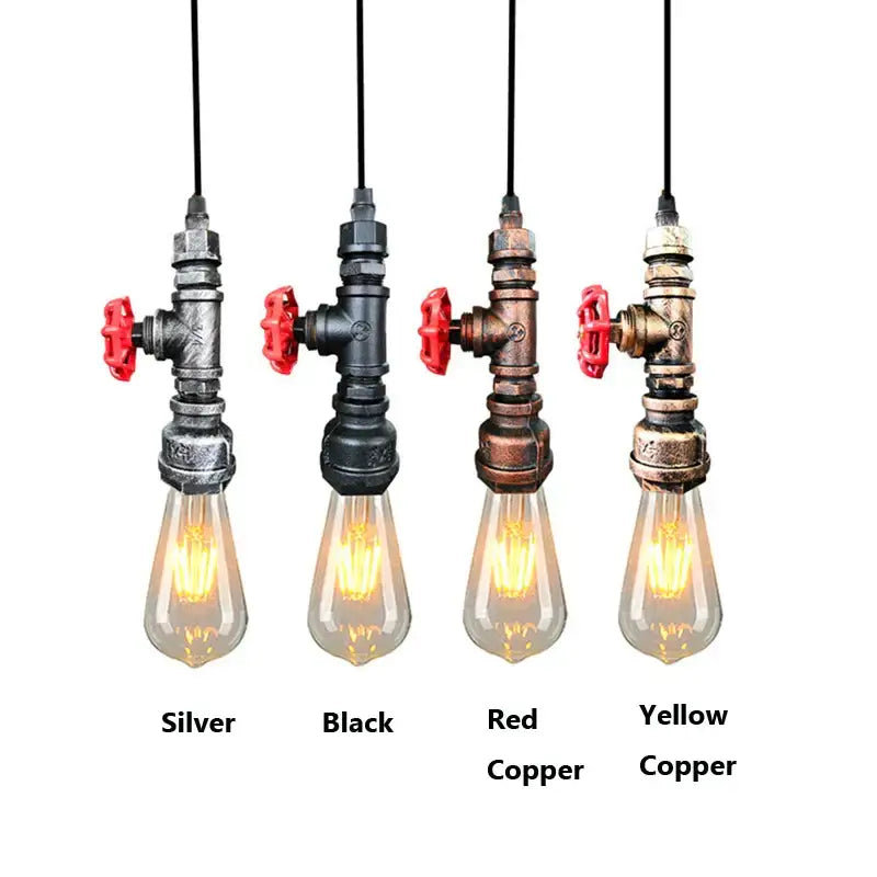 Industrial water pipe chandelier with red valve handles and vintage filament bulbs in black and red finish for kitchen decorbites industrial water
