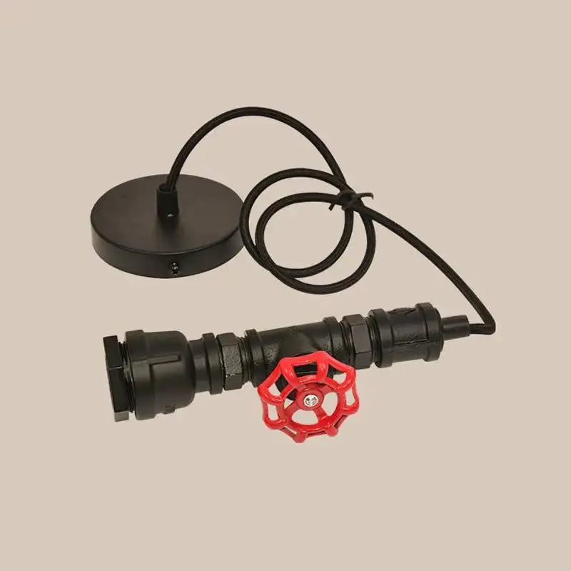 Black industrial water pipe chandelier pendant light with red valve handle and coiled black cord for kitchen decorbites industrial water design