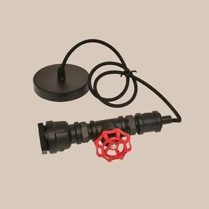 Black industrial water pipe chandelier pendant light with red valve handle and coiled black cord for kitchen decorbites industrial water design